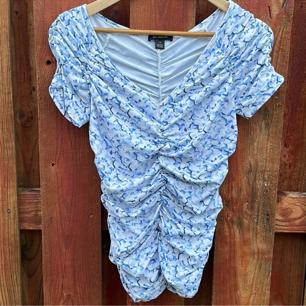 St. John Blue and White Puff Sleeve Ruched Blouse Size S